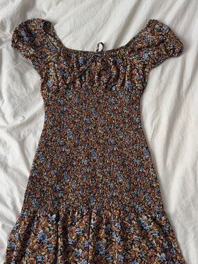 Brown Floral Smocked Midi Dress with Blue Accents